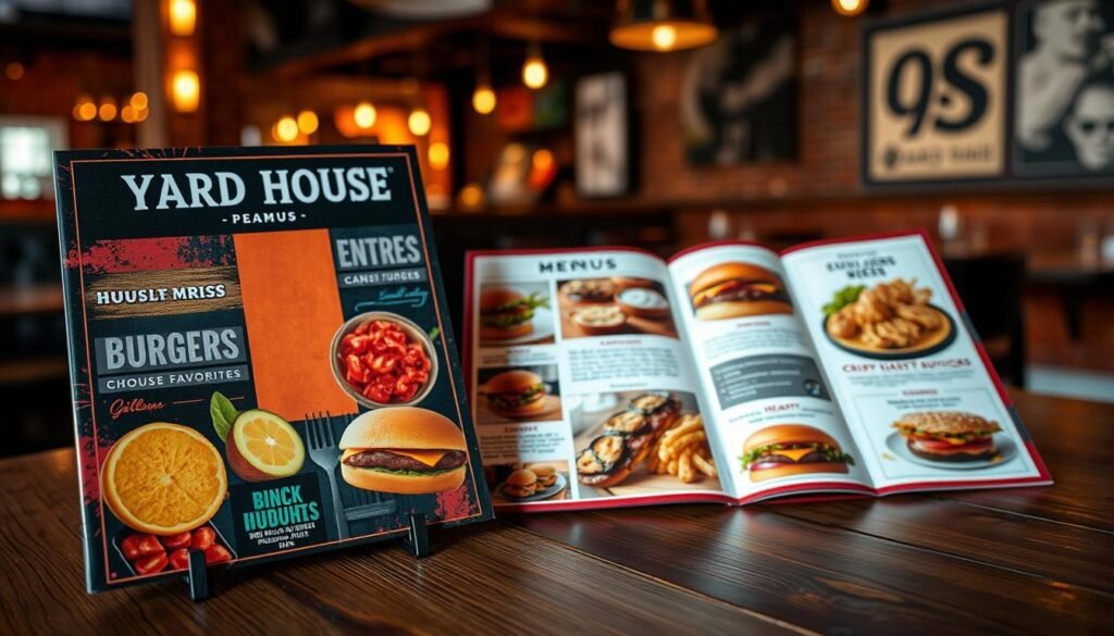 A beautifully arranged Yard House menu displayed prominently on a rustic wooden table. The foreground features a vibrant and inviting menu cover, showcasing rich colors and appealing graphics representing various entrées, burgers, sandwiches, and house favorites. In the middle ground, the menu pages are partially open, revealing appetizing images and descriptions of dishes like gourmet burgers, crispy calamari, and hearty sandwiches. The background includes soft-focus elements of a cozy restaurant setting, with warm ambient lighting casting a welcoming glow. The atmosphere is lively and inviting, suggesting a bustling but comfortable dining experience, captured from a slightly angled perspective, as if inviting the viewer into the scene. No text or distractions are included in the image.