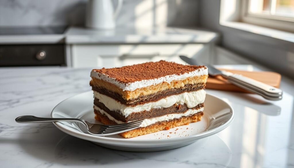 A beautifully arranged plate of frozen tiramisu, showcasing its distinct layers of espresso-soaked ladyfingers, rich mascarpone cream, and a light dusting of cocoa powder on top. In the foreground, a slice of tiramisu with a fork resting beside it, glistening slightly as if just pulled from the freezer, revealing the delicate layers within. The middle background features a functionally chic kitchen setting, with a marble countertop and a vintage fork and knife. Soft, natural daylight streams in from a nearby window, casting gentle shadows that enhance the inviting texture of the dessert. The overall mood is serene and appetizing, emphasizing the idea of preserving culinary perfection. The image is clean, with no distractions or text overlays.