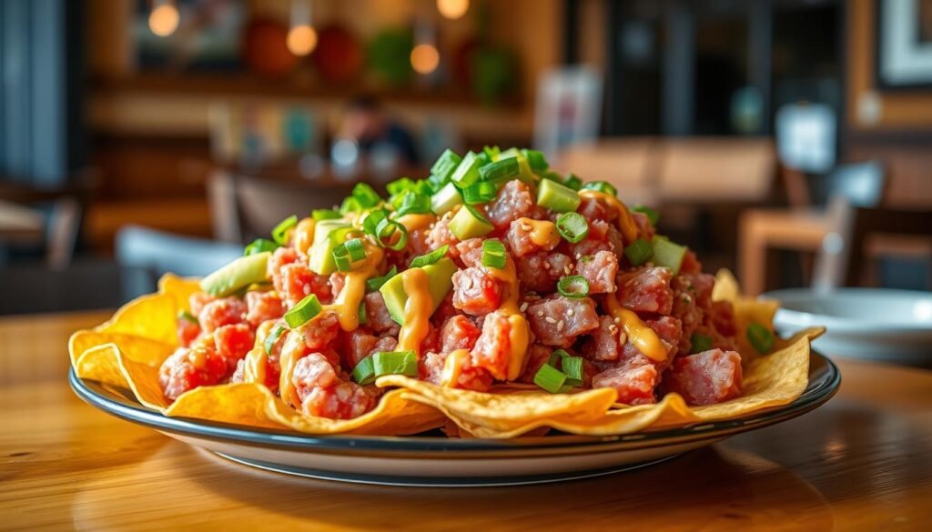 A beautifully arranged plate of poke nachos, featuring crispy tortilla chips layered with vibrant diced sushi-grade tuna, fresh avocado slices, and a drizzle of spicy mayo. The dish is garnished with thinly sliced green onions and sesame seeds, creating a colorful and appetizing presentation. In the background, a softly blurred restaurant setting evokes a casual yet upscale dining atmosphere. Warm, natural lighting highlights the textures and colors of the food, enhancing its appeal. The image is captured from a slightly elevated angle, showcasing the dish's height and layers while inviting the viewer to imagine the delicious flavors. No people are present in the image, maintaining focus on the food itself.