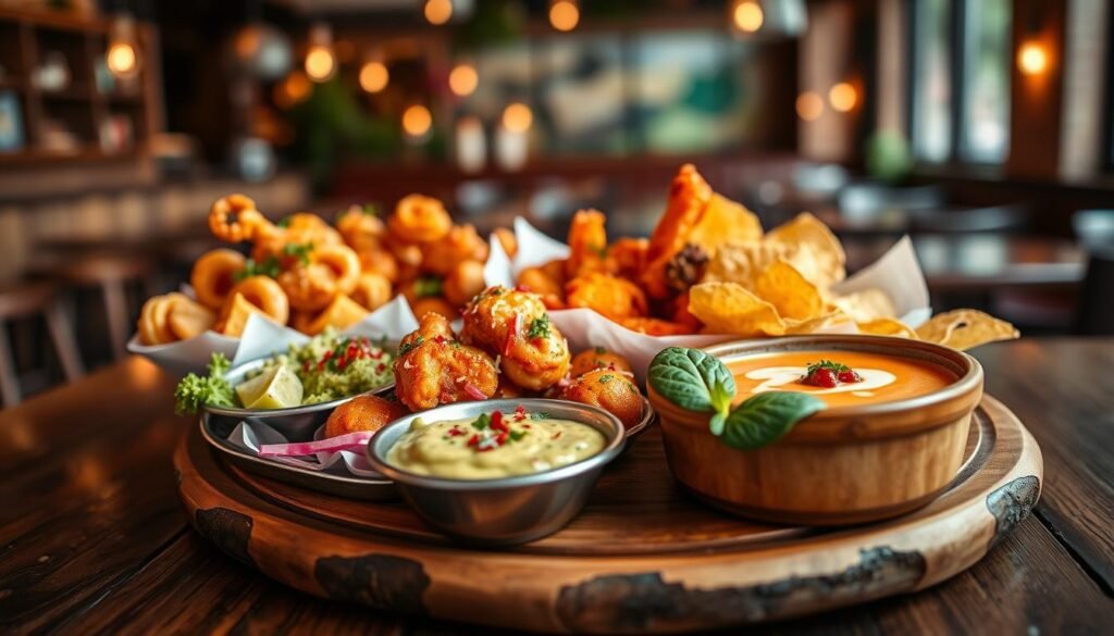 A beautifully arranged platter of assorted starters from a restaurant, featuring crispy calamari, spicy buffalo wings, fresh guacamole with tortilla chips, and a bowl of creamy tomato basil soup. The foreground showcases the colorful dishes with vibrant garnishes and textures, creating an appetizing scene. In the middle ground, a rustic wooden table holds the platter, enhancing a casual dining atmosphere. The background captures a softly blurred interior of a contemporary eatery, with warm lighting that complements the inviting vibe. The scene conveys a cozy yet festive mood, emphasizing the delicious nature of shareable appetizers. The image should be captured with a shallow depth of field, highlighting the starters as the focal point while gently blurring the background.