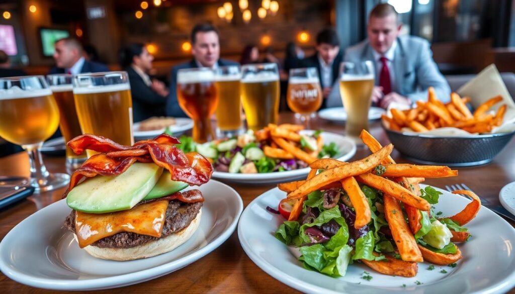 A beautifully arranged table at Yard House restaurant featuring an array of delicious dishes. In the foreground, a mouthwatering artisanal burger topped with fresh avocado and crispy bacon sits next to a colorful salad drizzled with a zesty vinaigrette. The middle layer showcases a selection of craft beers in frosted glasses and a plate of crispy sweet potato fries, artfully plated with herbs. The background reveals a warm, inviting atmosphere with wood accents, low ambient lighting, and stylish decor, reflecting a vibrant yet relaxed dining experience. The scene captures the essence of casual dining, with diners in professional business attire enjoying their meals, creating a lively and welcoming mood that evokes comfort and indulgence.