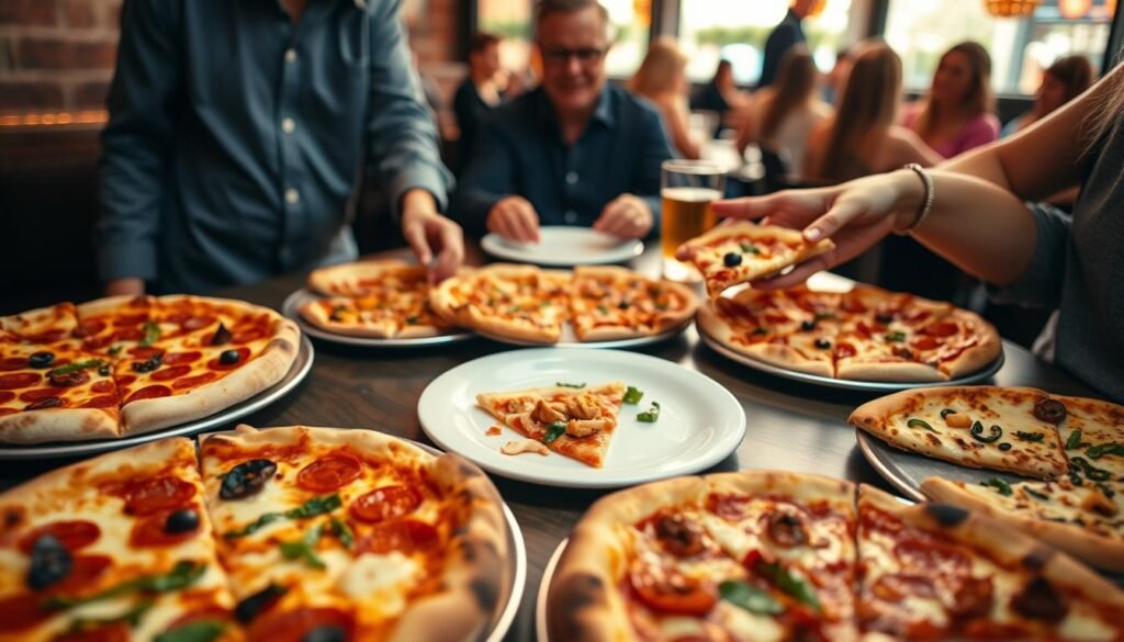 A beautifully arranged table featuring an array of half-price pizzas from Yard House during happy hour. In the foreground, showcase a variety of vibrant pizzas with unique toppings, such as pepperoni, BBQ chicken, and a veggie option, all steaming and fresh. The middle of the scene includes elegantly presented plates, with a few slices being served by hands in casual but tidy clothing, emphasizing a friendly gathering. In the background, a cozy ambiance with soft, warm lighting creating a welcoming atmosphere reminiscent of a lively bar setting. The lens perspective is slightly angled from above, capturing the inviting array of food while hinting at the bustling environment. Overall, the mood is relaxed and joyful, inviting viewers to indulge in the delicious offerings of Yard House.