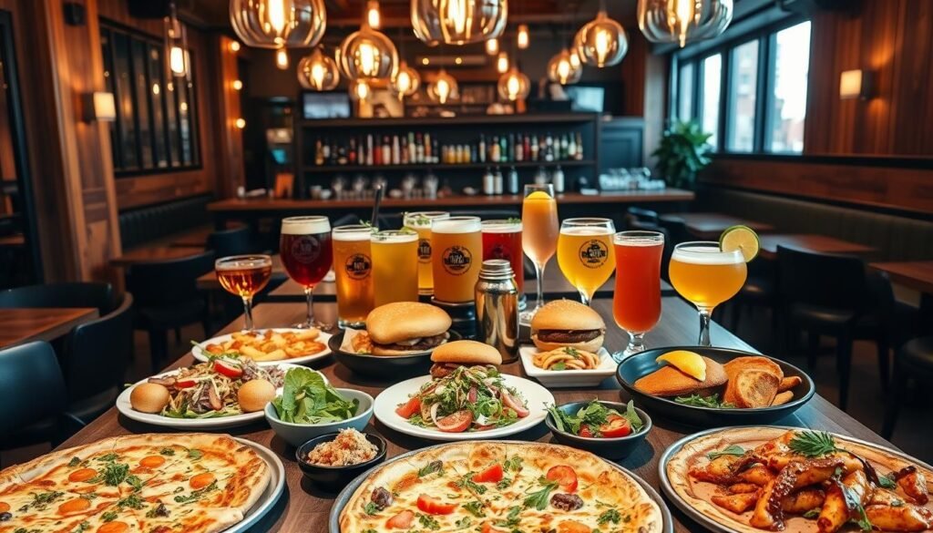 A beautifully arranged table showcasing a diverse menu from The Yard House NYC. In the foreground, a vibrant collection of dishes, including artisan pizzas, fresh salads, gourmet burgers, and colorful appetizers, all garnished with herbs and sauces. The middle layer features stylish drink options, with craft beers displayed in elegant glasses, and fresh cocktails garnished with fruit. The background captures the lively atmosphere of the restaurant, with warm lighting hanging above, creating an inviting glow. Soft wooden textures and modern decor enhance the cozy vibe. Use a wide-angle lens to encompass the entire scene, ensuring a dynamic composition that reflects excitement and variety. Overall, the mood should be festive and inviting, perfect for showcasing the culinary delights at The Yard House.