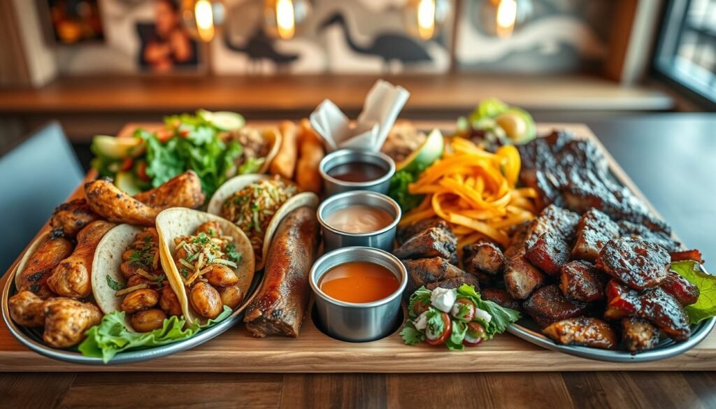 A beautifully arranged takeout platter featuring an assortment of dishes: juicy grilled chicken, crispy fish tacos, savory BBQ ribs, and fresh garden salads. The foreground showcases the platter on a wooden table, with vibrant colors and appetizing textures. In the middle, there are dipping sauces in small bowls, and a few neatly folded napkins, enhancing the dining experience. The background is softly blurred to emphasize the food, with hints of a casual dining space. The lighting is warm and inviting, creating a cozy atmosphere, as if illuminated by soft pendant lights from the restaurant. The angle captures a top-down perspective, emphasizing the variety and abundance of the platters, inviting viewers to consider them for group dining.