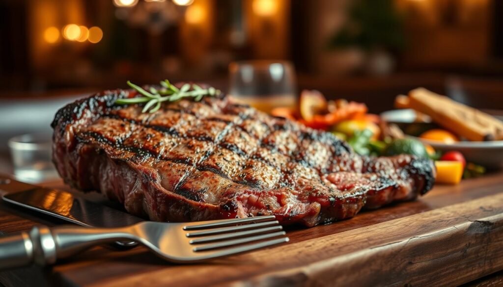A beautifully marbled bone-in ribeye steak, perfectly grilled to a medium-rare finish, displaying a rich crust with grill marks. The steak is presented on a rustic wooden cutting board, garnished with fresh herbs like rosemary and thyme for an earthy touch. In the foreground, a polished steak knife and fork rest beside the steak, hinting at a sumptuous dining experience. In the middle ground, a carefully arranged side of roasted seasonal vegetables adds vibrant colors. The background features a softly blurred hint of an upscale dining atmosphere, with warm lighting emanating from elegant fixtures, creating an inviting ambiance. The scene captures a tantalizing, mouth-watering essence, appealing to steak lovers and food enthusiasts alike.
