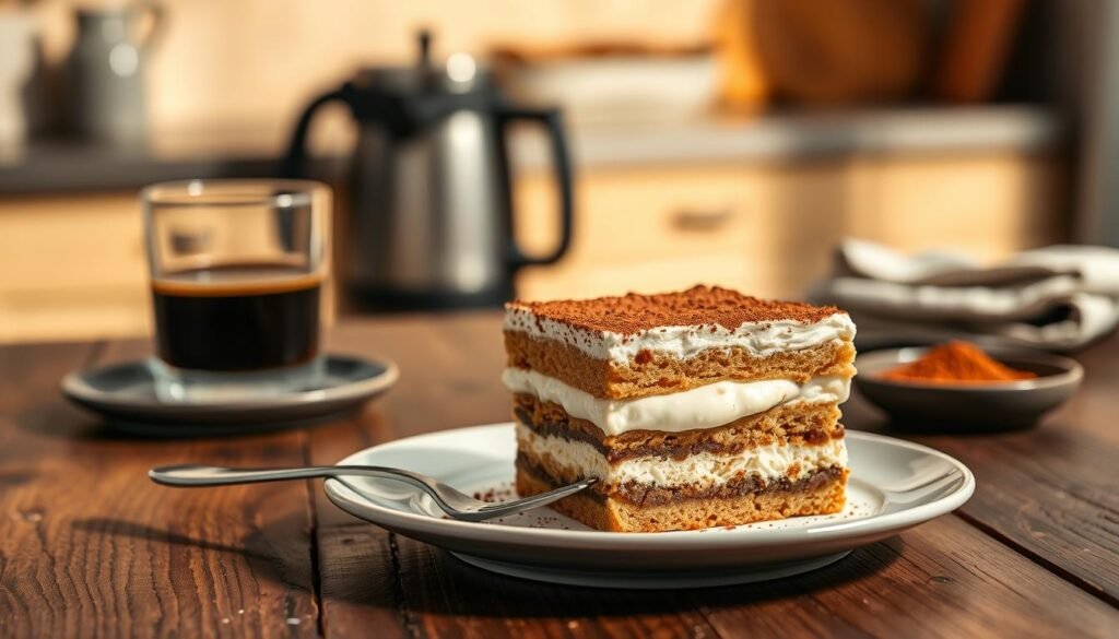 A beautifully presented plate of thawed tiramisu, showcasing its distinct layers of coffee-soaked ladyfingers, creamy mascarpone, and a dusting of cocoa powder. The dish is positioned in the foreground, with a delicate fork beside it, invitingly placed. In the middle ground, a rustic wooden table subtly complements the dessert, while a blurred glass of espresso and a small plate of cocoa powder are visible, hinting at the ingredients. The background features a softly lit kitchen scene, evoking a warm and inviting atmosphere, with gentle, natural light illuminating the tiramisu from the side, creating inviting shadows. The overall mood is cozy and homely, perfectly illustrating the concept of safely thawed dessert while retaining its sumptuous texture.