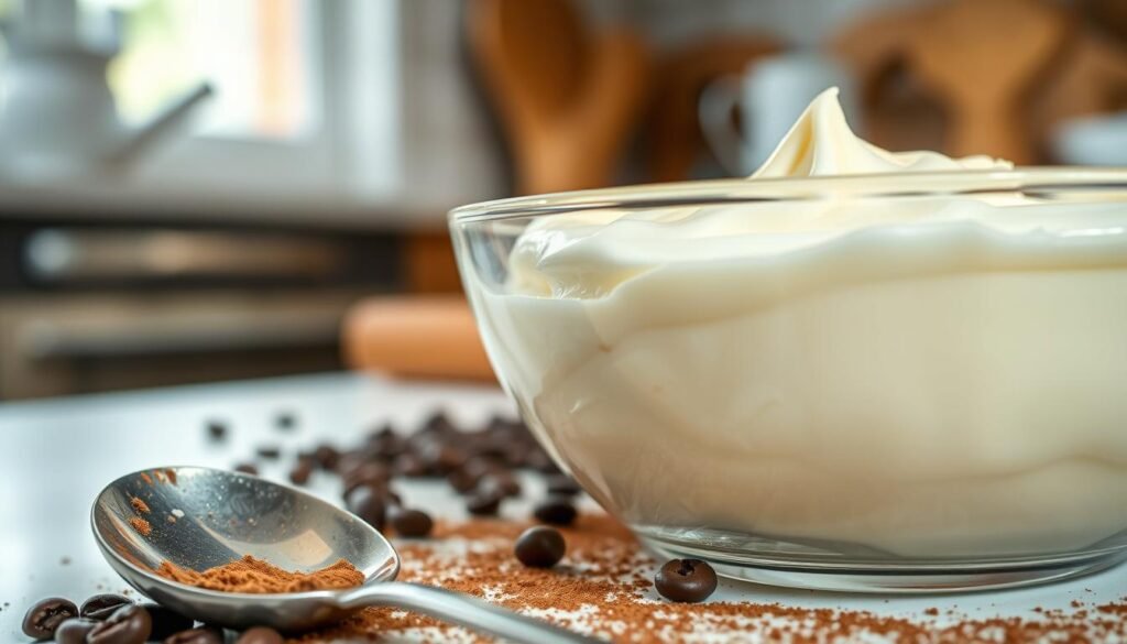 A close-up image of mascarpone cream in a glass bowl, showcasing its smooth, velvety texture with a glossy sheen. The cream should appear slightly discolored, hinting at spoilage—perhaps with a faint yellowish tint or slight curdling. In the foreground, a tarnished silver spoon rests beside the bowl, suggesting abandonment. The middle ground features a scatter of cocoa powder and coffee beans around the bowl, enhancing the tiramisu theme. In the background, a softly blurred kitchen setting with warm, natural lighting conveys a cozy atmosphere, hinting at a homey environment where desserts are made. This composition should evoke a sense of caution, illustrating signs of potential spoilage while maintaining an inviting aesthetic.