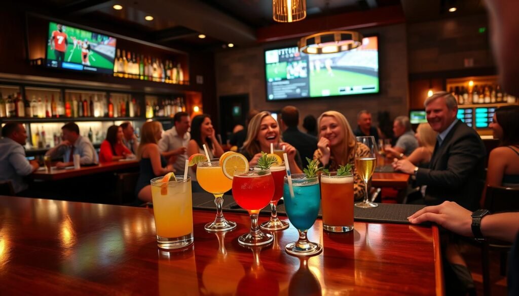 A cozy bar scene during happy hour at Yard House in Rancho Mirage. In the foreground, a polished wooden bar with a variety of colorful cocktails and drinks glistening under warm, inviting lighting. Brightly colored garnishes like citrus slices and mint sprigs decorate the drinks. In the middle, diverse patrons enjoying their drinks, wearing smart casual attire, engaged in joyful conversations and laughter, embodying the lively atmosphere. The background features stylish bar shelves filled with bottles and a large screen showing a sports game. Soft ambient lighting casts a cheerful glow over the scene, creating a relaxed yet vibrant vibe. The image is framed with a slight angle from the bartender's perspective, emphasizing the joy of happy hour.