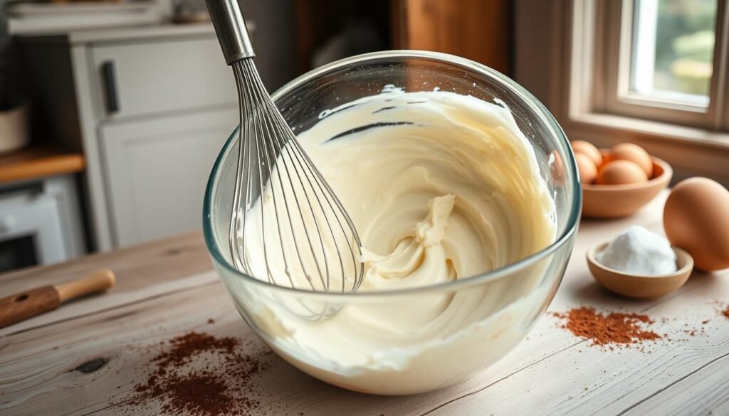 A creamy mascarpone mixture blended to perfection in a glass mixing bowl. The texture is smooth and velvety, with a subtle sheen that reflects soft light. Display a whisk resting against the bowl, glistening with creamy residue, alongside a sprinkle of cocoa powder scattered artistically on the countertop. The background features a rustic wooden kitchen table with a light beige tablecloth, and a hint of fresh ingredients like eggs and sugar nearby to suggest a homemade recipe. Natural light filters in from a window, casting a warm, inviting glow. The atmosphere is cozy and inviting, perfect for illustrating the nuances of homemade tiramisu. Capture the scene from a slightly elevated angle to emphasize the bowl while maintaining the inviting kitchen setting.