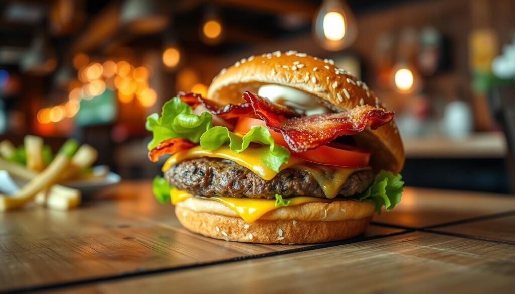 A mouthwatering close-up of a gourmet burger on a rustic wooden table, featuring a juicy beef patty, melted cheddar cheese, fresh lettuce, ripe tomato slices, crispy bacon, and a dollop of creamy sauce, all nestled between a toasted sesame seed bun. In the background, blurred hints of a vibrant restaurant setting with warm ambient lighting add a cozy atmosphere, suggesting a lively dining experience at Yard House. The image captures an inviting, appetizing feel, with soft, diffused lighting highlighting the textures of the ingredients. The angle is slightly from above, enticing the viewer to appreciate every detail of this delectable burger meal, perfect for showcasing the culinary delights of Tampa.