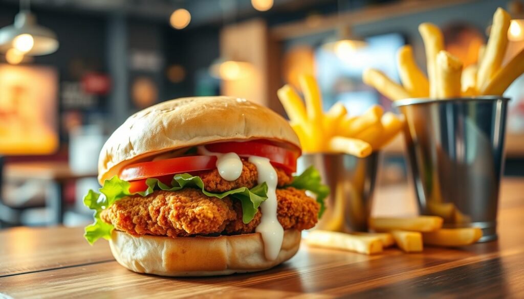 A succulent chicken sandwich sits prominently in the foreground, featuring a crispy, golden-brown breaded chicken breast nestled between fluffy, lightly toasted brioche buns. The sandwich is generously topped with fresh lettuce, sliced tomatoes, and a drizzle of creamy mayo, emphasizing vibrant colors. On the side, there are crispy golden fries presented in a stylish metal cup, adding a touch of modern dining. In the middle ground, a wooden table reflects a softly blurred setting of a lively eatery. The lighting is warm and inviting, creating an appetizing glow around the sandwich. Shot at a slight angle with a focus on the sandwich, the image captures the essence of enjoying a delicious handheld meal in a bustling restaurant atmosphere, conveying a sense of warmth and comfort.