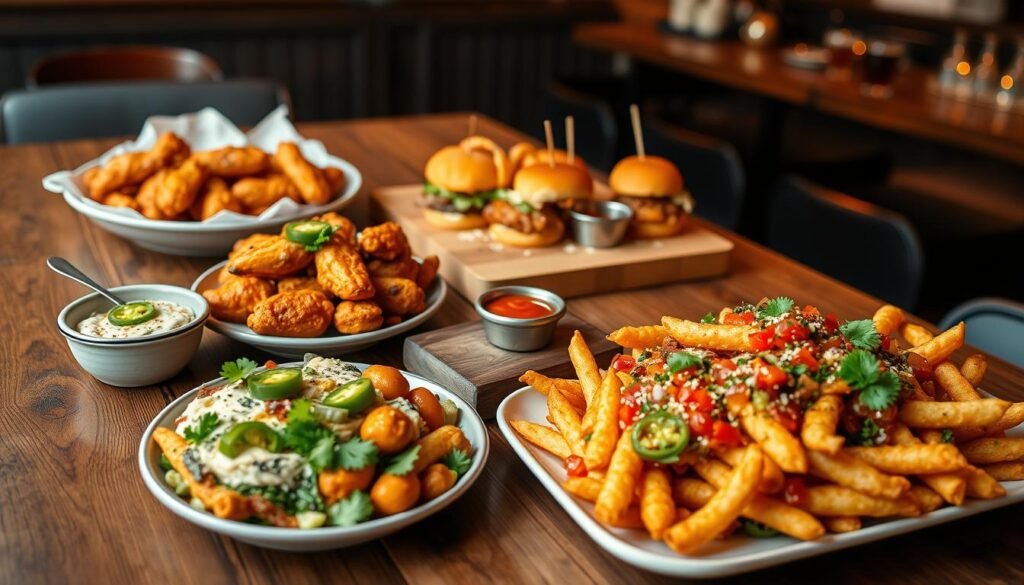 A vibrant arrangement of starters and shareables on a rustic wooden table, showcasing a variety of dishes including crispy buffalo wings, fresh spinach artichoke dip, and colorful vegetable spring rolls. In the foreground, a plate of loaded nachos garnished with fresh cilantro and jalapeños, alongside a small bowl of salsa. The middle layer features a wooden board with sliders and onion rings, artfully presented with dipping sauces. In the background, soft, warm lighting creates a cozy atmosphere, with the blurred outlines of a restaurant setting, including dark wood tones and ambient lights. Capture this scene from a slight overhead angle to emphasize the variety and abundant presentation of the starters, evoking a sense of sharing and enjoyment.