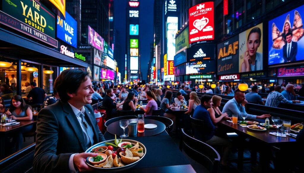 A vibrant dining scene in Times Square, showcasing the outdoor patio of The Yard House NYC, bustling with patrons enjoying a meal. In the foreground, a well-dressed couple share a plate of assorted appetizers, animatedly discussing the lively atmosphere around them. The middle ground features tables adorned with colorful dishes and drinks, surrounded by friends and couples in casual yet stylish attire. The background captures the iconic neon lights and billboards of Times Square, casting a warm, inviting glow over the scene at dusk. Emphasize a sense of excitement and camaraderie with soft, ambient lighting that enhances the inviting aura of fine dining amidst the urban energy. The perspective should be slightly elevated, offering a comprehensive view of the restaurant's outdoor experience.