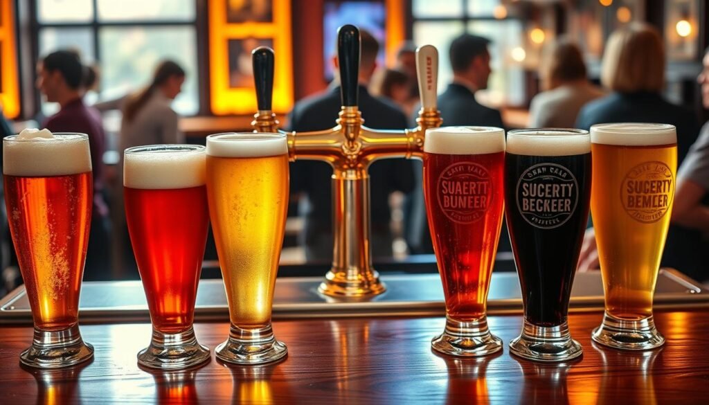 A vibrant draft beer selection displayed in a stylish bar setting. In the foreground, several tall, frosty glasses filled with various draft beers, showcasing rich colors like amber, golden yellow, and deep brown, with foamy heads glistening under soft, warm bar lights. The middle ground features a polished wooden bar top with a shiny brass tap system, adorned with different beer tap handles that reveal unique labels. In the background, blurred silhouettes of patrons enjoying their drinks, with soft ambient lighting creating a cozy atmosphere, accentuated by warm tones. The image should evoke a lively and inviting ambiance, perfect for drinks with friends, captured from a slightly elevated angle to emphasize the selection.