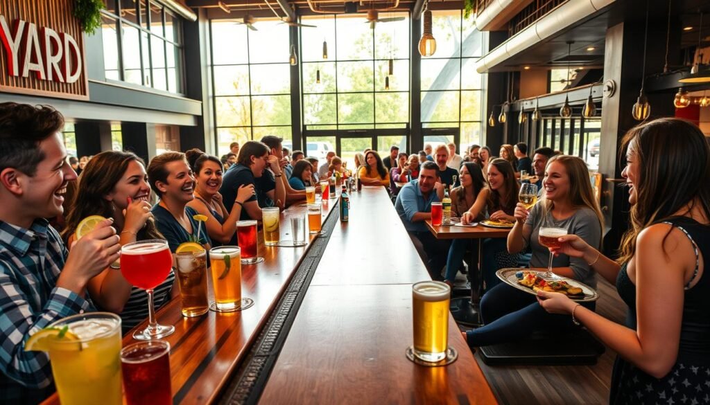 A vibrant, lively scene of a happy hour at Yard House in American Dream Mall. In the foreground, a long wooden bar lined with colorful cocktails and craft beers, garnished with citrus slices. Happy patrons enjoying their drinks, dressed in casual yet stylish attire, laughing and chatting. In the middle ground, cozy high-top tables filled with groups of friends sharing appetizers, their plates brimming with various dishes. The background showcases the modern, spacious interior of Yard House, with large windows letting in warm golden light, casting soft shadows. The atmosphere is festive and inviting, filled with cheerful expressions, hinting at delicious food and refreshing drinks. Capture this moment from a slightly elevated angle to emphasize the lively interaction and ambiance.