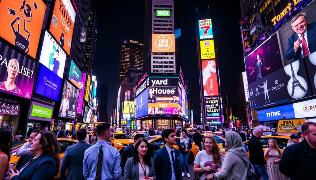 A vibrant scene of Times Square at night, bustling with activity and illuminated by the iconic bright neon lights and large digital billboards. In the foreground, a diverse group of people dressed in professional business attire and modest casual clothing, engaging in conversation and taking photos. In the middle, the majestic architecture of surrounding skyscrapers and stores, including the Yard House located at 575 Seventh Ave, prominently featured. The background showcases the dynamic energy of the square, with taxis and pedestrians moving about. The scene is captured from a slightly elevated angle, highlighting the depth and intimacy of the space. The atmosphere is lively and vibrant, exuding a sense of excitement and urban charm, all under a clear night sky.