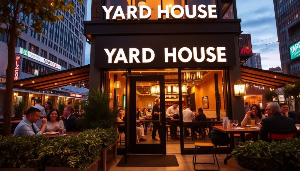 A vibrant scene of a Yard House restaurant located in a bustling urban setting in the United States. In the foreground, a welcoming entrance of the restaurant features a large, inviting doorway with glass panels and a stylish outdoor seating area adorned with green plants and patio lights. The middle ground showcases cheerful patrons in professional business attire and relaxed casual clothing enjoying their meals, laughing and socializing at tables. In the background, capture the iconic Yard House signage, illuminated against a twilight sky, with a hint of city skyline elements adding atmosphere. The image should reflect warm, ambient lighting to create a cozy, inviting mood, shot from a slightly lower angle to add depth and make the scene more dynamic.