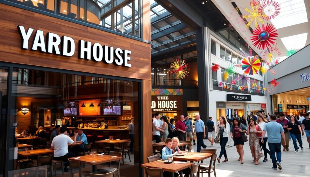 A vibrant scene showcasing the Yard House restaurant located in the American Dream Mall, East Rutherford, New Jersey. In the foreground, the restaurant’s modern wooden facade with large glass windows reflects the lively atmosphere. Patrons can be seen inside, enjoying meals at stylish wooden tables, dressed in smart casual attire. The middle section reveals a bustling open-concept space with a high ceiling, ambient lighting, and a bar featuring an array of craft beers. In the background, shoppers are seen exploring the mall, with colorful storefronts and eye-catching decorations that convey a sense of excitement and adventure. The overall mood is cheerful and inviting, capturing the essence of a contemporary dining experience amid a vibrant shopping environment. Bright natural light pours through the glass, enhancing the ambiance.