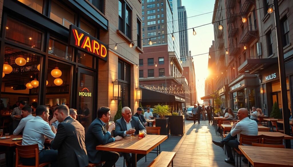 A vibrant street view of a Yard House in New York City, showcasing a modern facade with large glass windows revealing a bustling interior. In the foreground, well-dressed men in business casual attire are enjoying drinks and discussing over a wooden table, fostering a lively atmosphere. In the middle ground, the patio is adorned with string lights that create a warm glow as the sun sets, casting a golden hue. The background features iconic New York architecture, blending traditional and contemporary styles. The scene captures the energy of urban life, with soft, inviting lighting that enhances the convivial mood, shot with a wide-angle lens for a dynamic perspective.