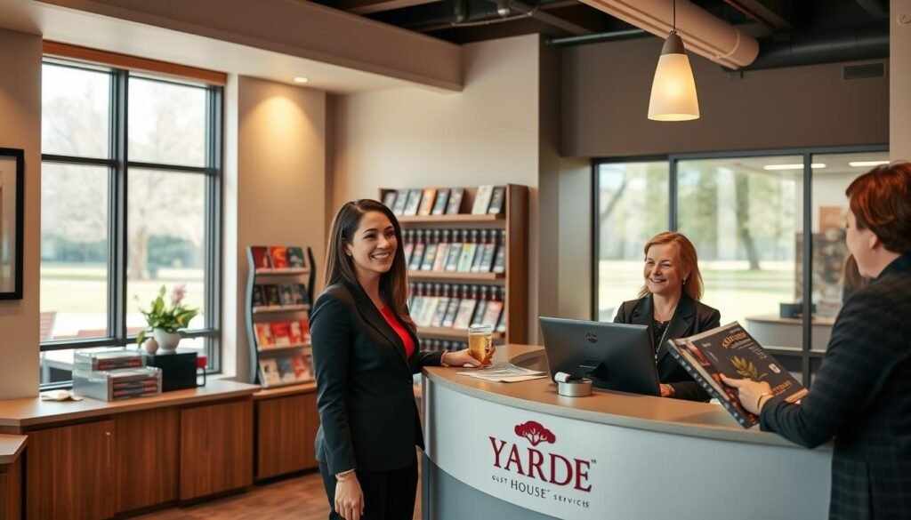 A welcoming guest relations office with a warm and inviting atmosphere. In the foreground, a friendly female customer service representative, dressed in professional business attire, is engaged in a pleasant conversation with a customer at a sleek counter adorned with a Yard House logo. In the middle, visible shelves filled with neatly organized gift cards and promotional materials highlight the focus on gift card services. The background features calming decor with soft lighting, perhaps a large window showing a view of a park, enhancing the welcoming vibe. The ambiance is bright, with natural light filtering in, creating a friendly and approachable environment, evoking a sense of support and assistance. The overall mood is friendly and professional, emphasizing customer care. A welcoming guest relations office with a warm and inviting atmosphere. In the foreground, a friendly female customer service representative, dressed in professional business attire, is engaged in a pleasant conversation with a customer at a sleek counter adorned with a Yard House logo. In the middle, visible shelves filled with neatly organized gift cards and promotional materials highlight the focus on gift card services. The background features calming decor with soft lighting, perhaps a large window showing a view of a park, enhancing the welcoming vibe. The ambiance is bright, with natural light filtering in, creating a friendly and approachable environment, evoking a sense of support and assistance. The overall mood is friendly and professional, emphasizing customer care.