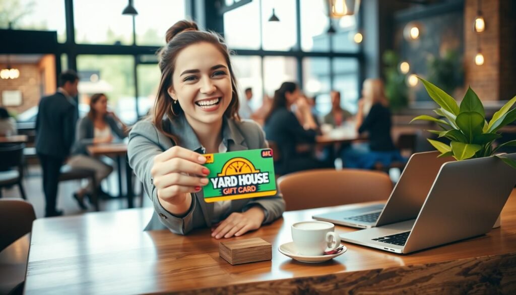 A young adult woman, dressed in smart casual attire, is joyfully holding a colorful Yard House gift card in a stylish café setting. In the foreground, her facial expression radiates excitement and anticipation. The middle ground features a polished wooden table adorned with a laptop, a cup of coffee, and a vibrant plant, emphasizing a modern, inviting atmosphere. The background showcases a bustling café ambiance with soft lighting, highlighting patrons chatting and enjoying their time. The scene is captured with warm, natural light coming from large windows, creating an uplifting, friendly vibe. The angle is slightly tilted to bring focus to the woman and the gift card, illustrating the experience of buying and sending gift cards in the United States. A young adult woman, dressed in smart casual attire, is joyfully holding a colorful Yard House gift card in a stylish café setting. In the foreground, her facial expression radiates excitement and anticipation. The middle ground features a polished wooden table adorned with a laptop, a cup of coffee, and a vibrant plant, emphasizing a modern, inviting atmosphere. The background showcases a bustling café ambiance with soft lighting, highlighting patrons chatting and enjoying their time. The scene is captured with warm, natural light coming from large windows, creating an uplifting, friendly vibe. The angle is slightly tilted to bring focus to the woman and the gift card, illustrating the experience of buying and sending gift cards in the United States.